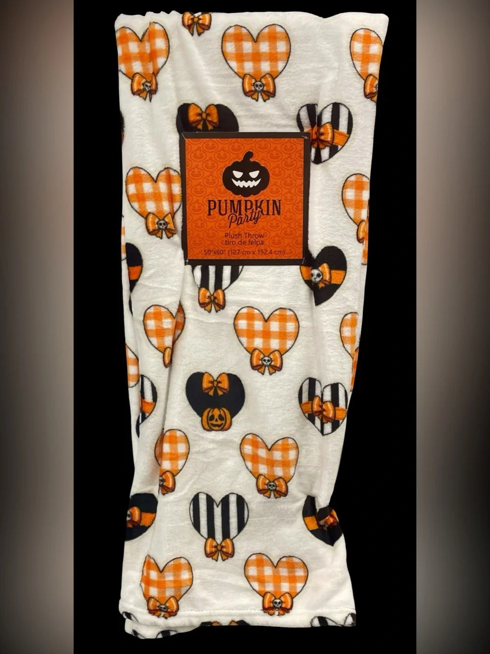 Halloween Hearts Stripes Plaid Plush Throw White Orange Black 50 x 60 NEW NWT
